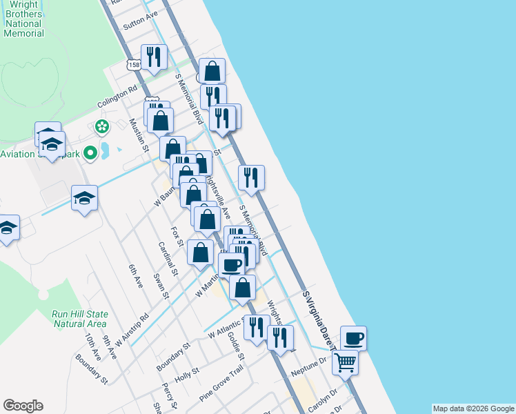 map of restaurants, bars, coffee shops, grocery stores, and more near 1006 South Virginia Dare Trail in Kill Devil Hills