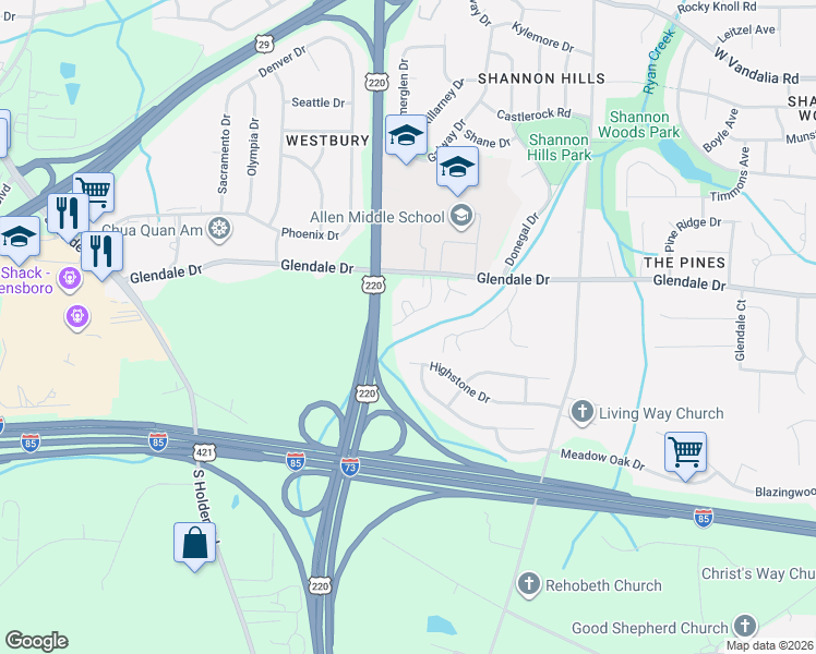 map of restaurants, bars, coffee shops, grocery stores, and more near 1147 Glendale Drive in Greensboro