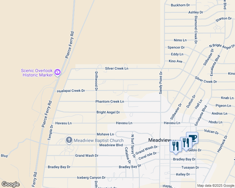map of restaurants, bars, coffee shops, grocery stores, and more near 545-600 Hualapai Creek Drive in Meadview