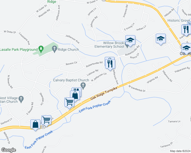 map of restaurants, bars, coffee shops, grocery stores, and more near 118 North Jefferson Circle in Oak Ridge
