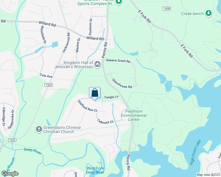 map of restaurants, bars, coffee shops, grocery stores, and more near 1301 Penny Road in High Point