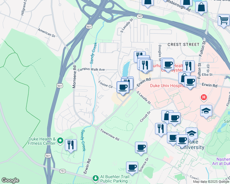 map of restaurants, bars, coffee shops, grocery stores, and more near 902 Lambeth Circle in Durham