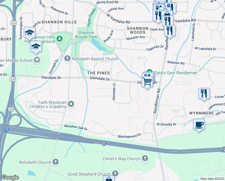 map of restaurants, bars, coffee shops, grocery stores, and more near 2 Glendale Oaks Court in Greensboro