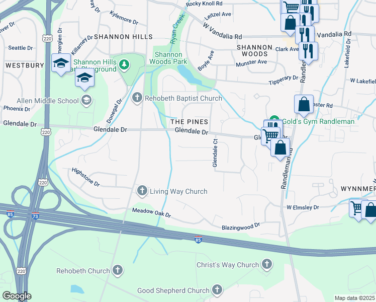 map of restaurants, bars, coffee shops, grocery stores, and more near 819 Banner Oak Court in Greensboro