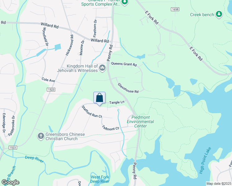 map of restaurants, bars, coffee shops, grocery stores, and more near 1301 Penny Road in High Point