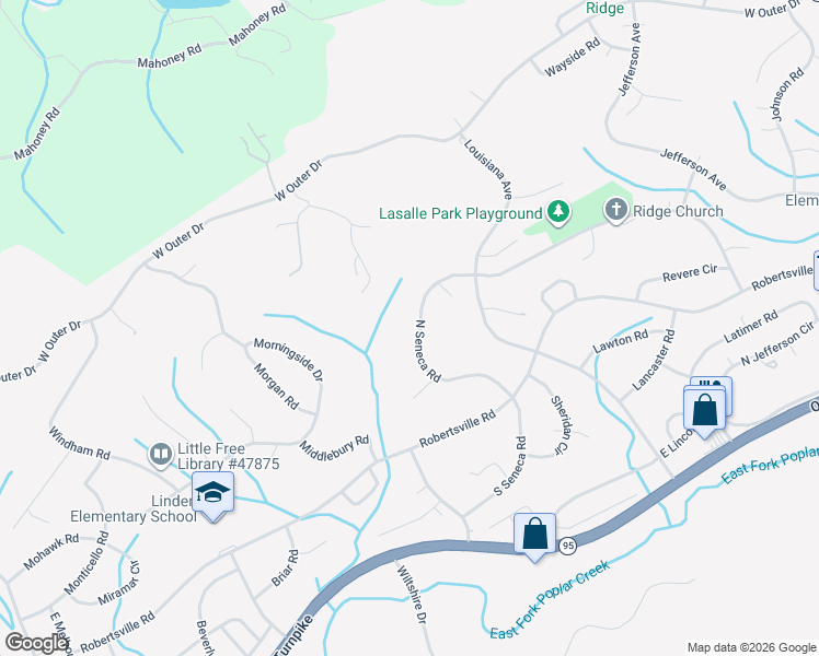 map of restaurants, bars, coffee shops, grocery stores, and more near 145 North Seneca Road in Oak Ridge