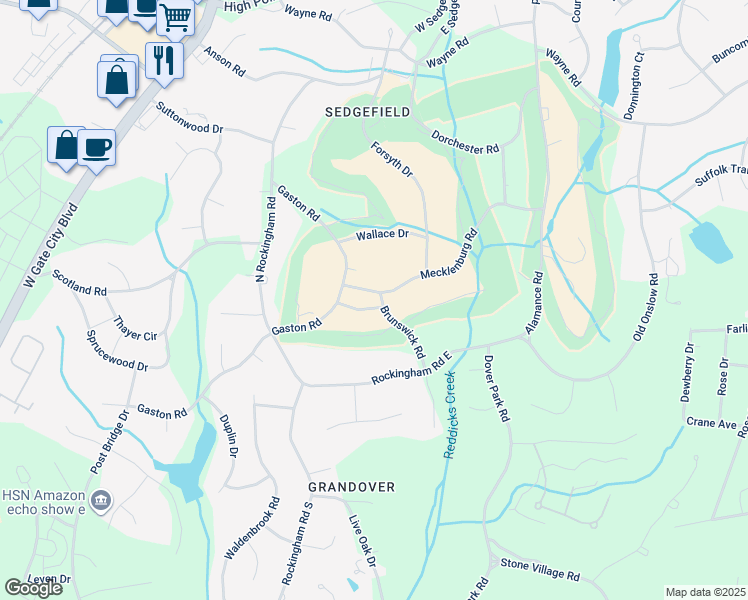 map of restaurants, bars, coffee shops, grocery stores, and more near 3400 Brunswick Rd in Greensboro