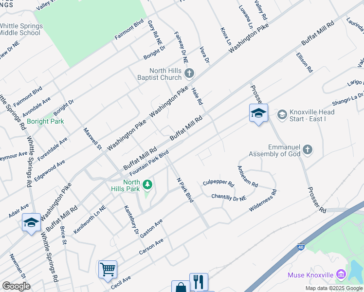 map of restaurants, bars, coffee shops, grocery stores, and more near 3126 Fountain Park Boulevard in Knoxville