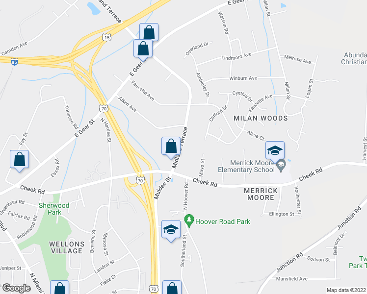 map of restaurants, bars, coffee shops, grocery stores, and more near 900 Midland Terrace in Durham