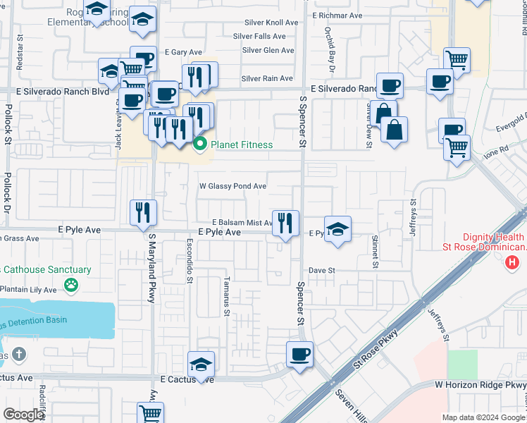 map of restaurants, bars, coffee shops, grocery stores, and more near 10056 South Mesquite Fork Court in Las Vegas