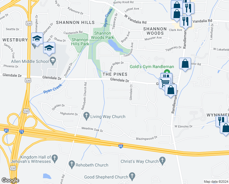 map of restaurants, bars, coffee shops, grocery stores, and more near 819 Banner Oak Court in Greensboro