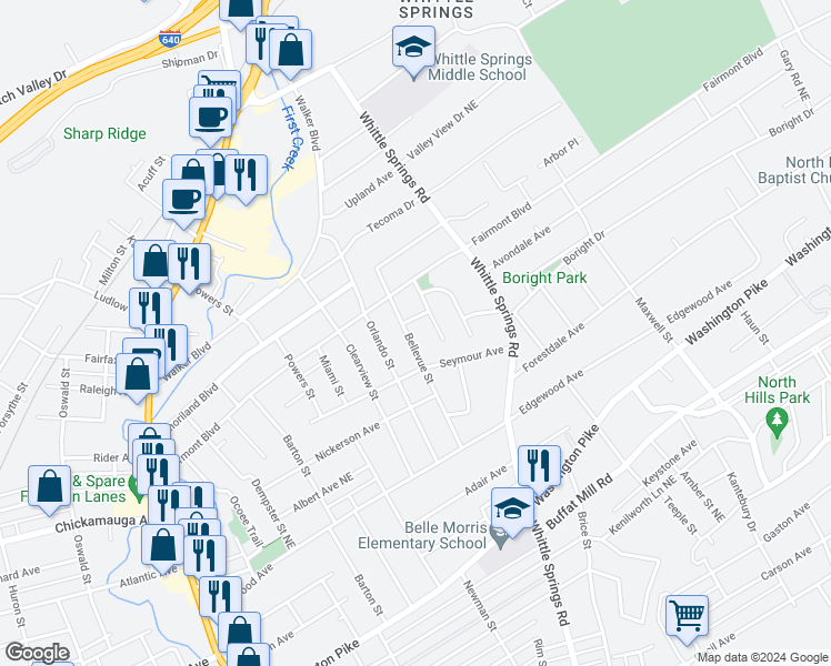 map of restaurants, bars, coffee shops, grocery stores, and more near 3330 Bellevue Street in Knoxville