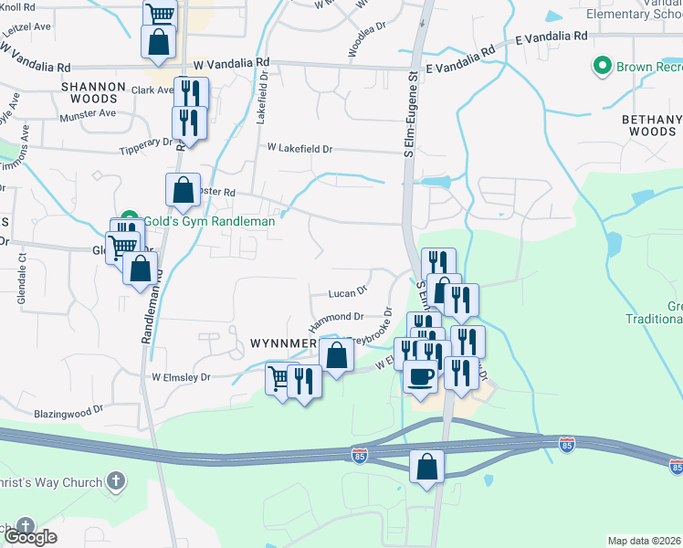 map of restaurants, bars, coffee shops, grocery stores, and more near 211 Lasalle Way in Greensboro