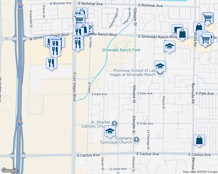 map of restaurants, bars, coffee shops, grocery stores, and more near 10045 Rancho Destino Road in Las Vegas