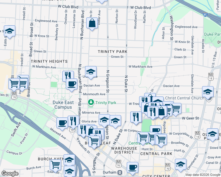 map of restaurants, bars, coffee shops, grocery stores, and more near 921 Dacian Avenue in Durham