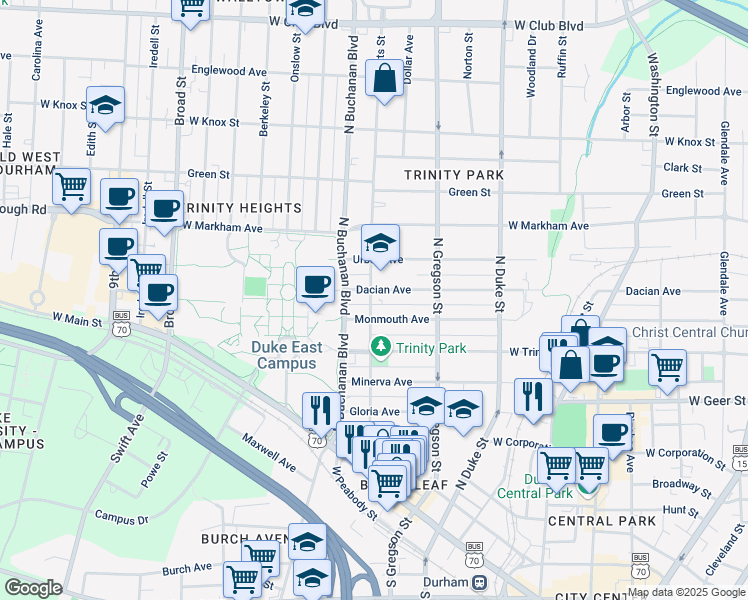 map of restaurants, bars, coffee shops, grocery stores, and more near 1025 Dacian Avenue in Durham