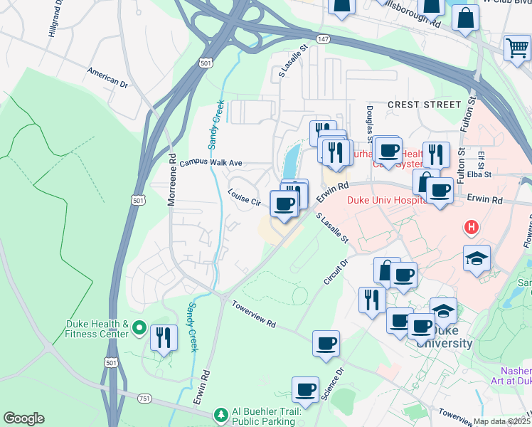 map of restaurants, bars, coffee shops, grocery stores, and more near 852 Louise Circle in Durham