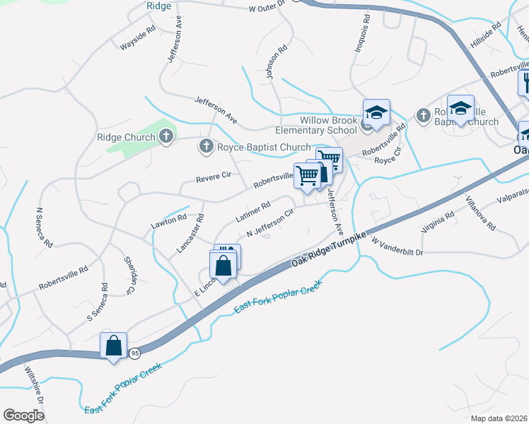 map of restaurants, bars, coffee shops, grocery stores, and more near 140 Latimer Road in Oak Ridge