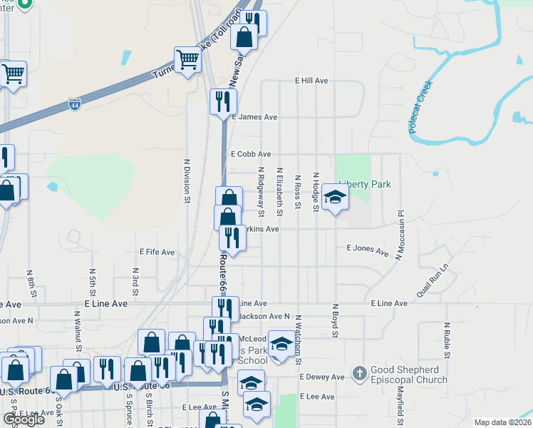 map of restaurants, bars, coffee shops, grocery stores, and more near 609 North Ridgeway Street in Sapulpa