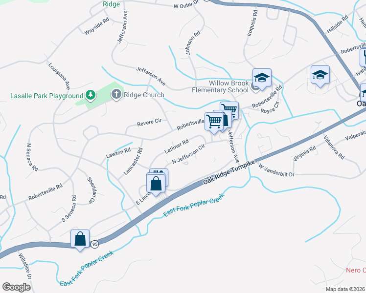 map of restaurants, bars, coffee shops, grocery stores, and more near 141 Latimer Road in Oak Ridge