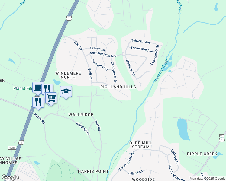 map of restaurants, bars, coffee shops, grocery stores, and more near 1045 Chamberwell Avenue in Wake Forest