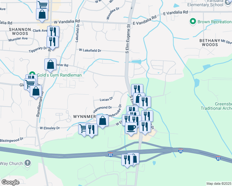 map of restaurants, bars, coffee shops, grocery stores, and more near 107 Lasalle Way in Greensboro