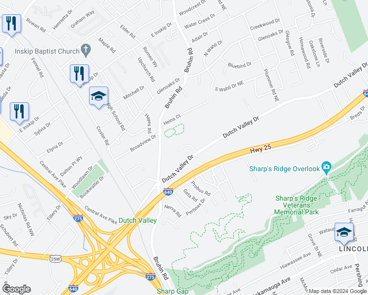 map of restaurants, bars, coffee shops, grocery stores, and more near 4124 Whistlers Way in Knoxville