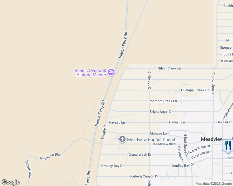 map of restaurants, bars, coffee shops, grocery stores, and more near 1090 Hualapai Creek Drive in Meadview
