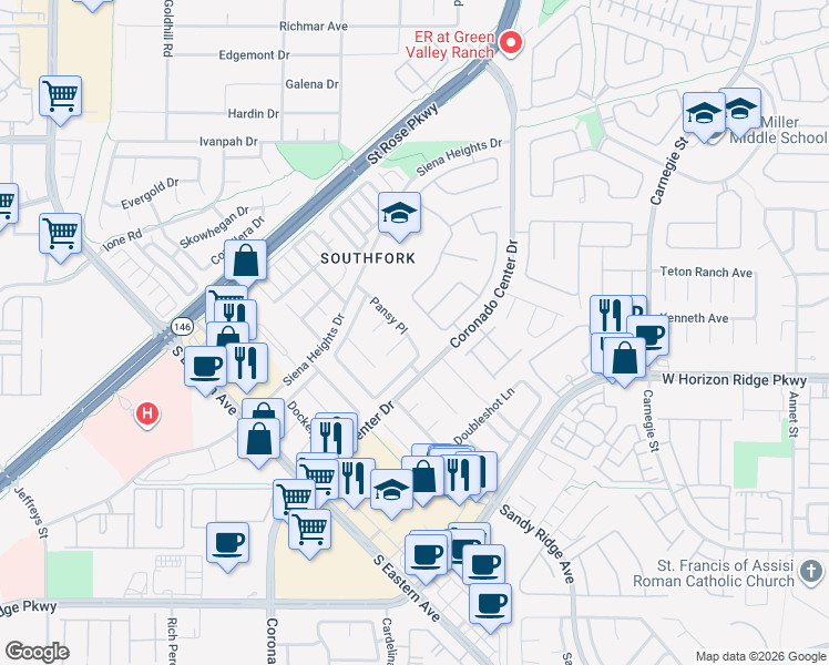 map of restaurants, bars, coffee shops, grocery stores, and more near 692 Pansy Place in Henderson