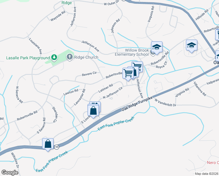 map of restaurants, bars, coffee shops, grocery stores, and more near 140 Latimer Road in Oak Ridge