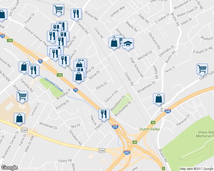 map of restaurants, bars, coffee shops, grocery stores, and more near 204 Elyria Drive in Knoxville