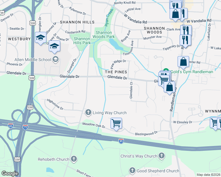 map of restaurants, bars, coffee shops, grocery stores, and more near 825 Banner Oak Court in Greensboro