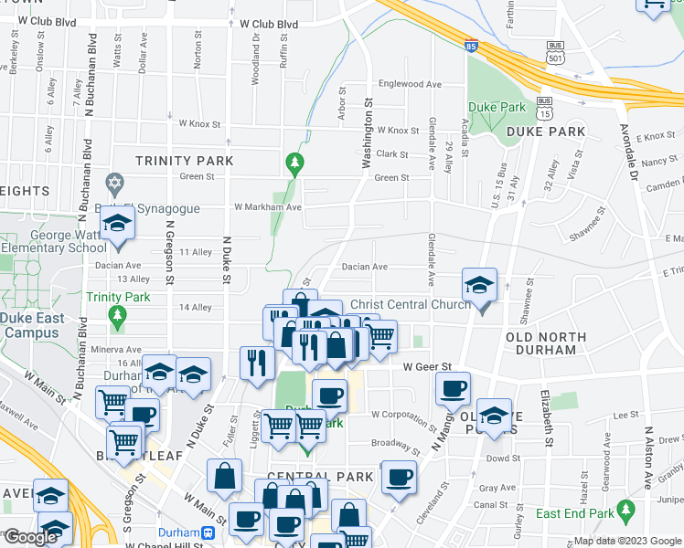 map of restaurants, bars, coffee shops, grocery stores, and more near 315 Dacian Avenue in Durham
