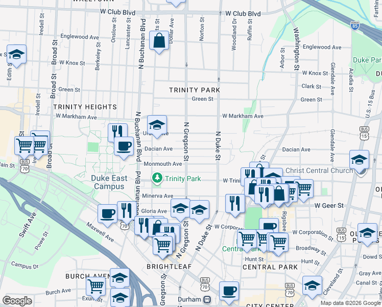 map of restaurants, bars, coffee shops, grocery stores, and more near 921 Dacian Avenue in Durham