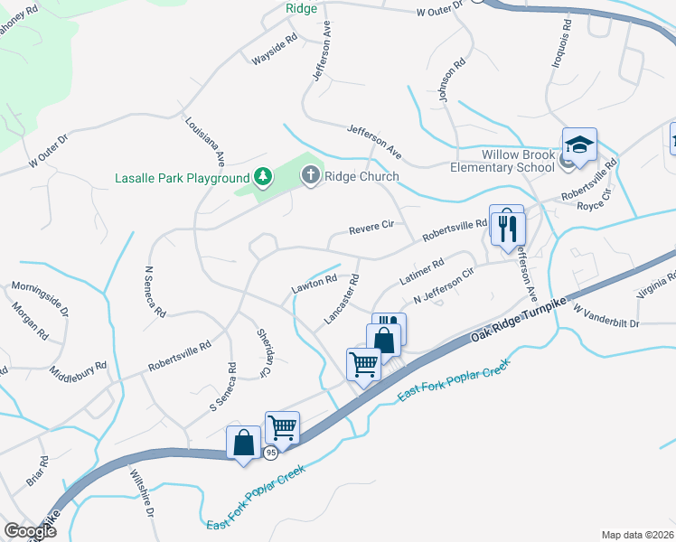 map of restaurants, bars, coffee shops, grocery stores, and more near 110 Lawton Road in Oak Ridge