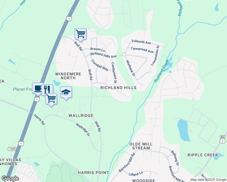 map of restaurants, bars, coffee shops, grocery stores, and more near 1045 Chamberwell Avenue in Wake Forest