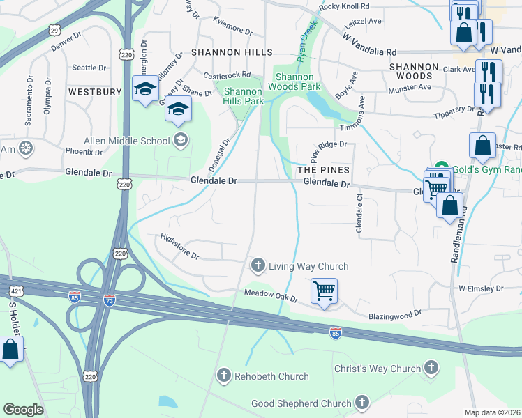 map of restaurants, bars, coffee shops, grocery stores, and more near 4409 Rehobeth Church Road in Greensboro