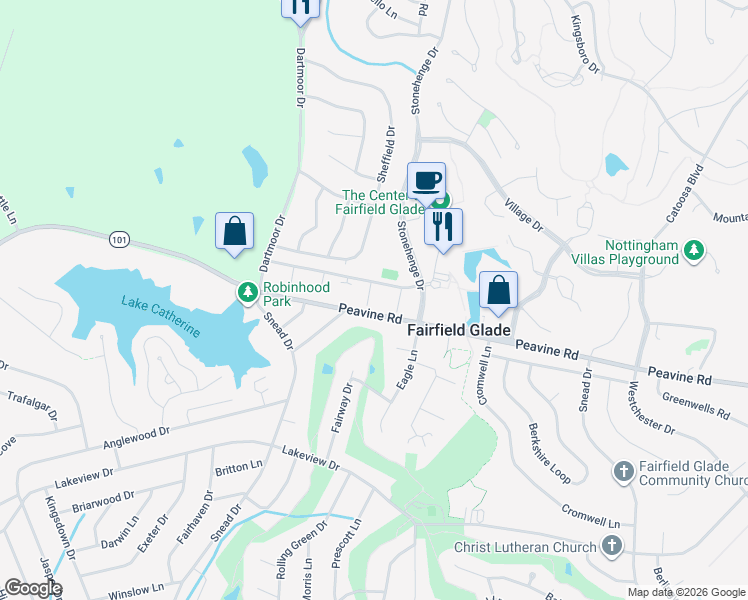 map of restaurants, bars, coffee shops, grocery stores, and more near 19 Wilshire Heights Drive in Crossville