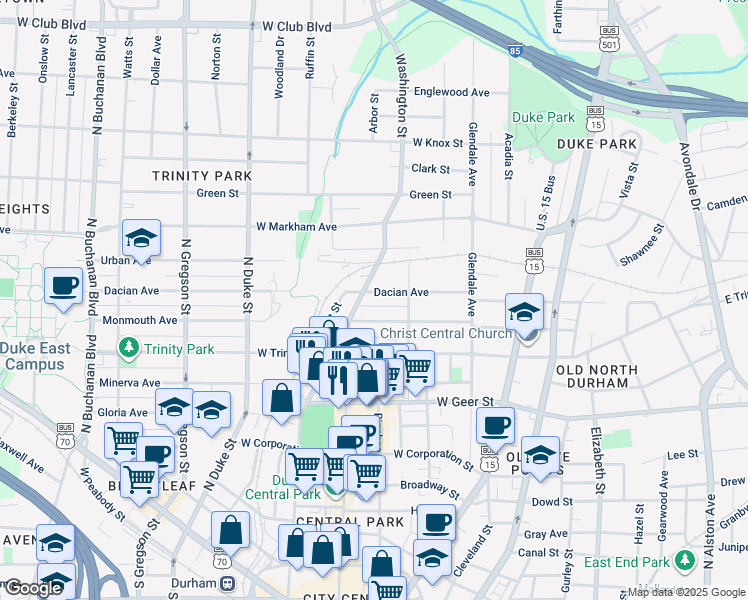 map of restaurants, bars, coffee shops, grocery stores, and more near 315 Dacian Avenue in Durham