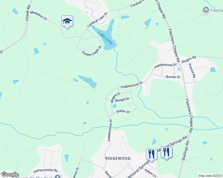 map of restaurants, bars, coffee shops, grocery stores, and more near 519 Pebblestone Drive in Durham