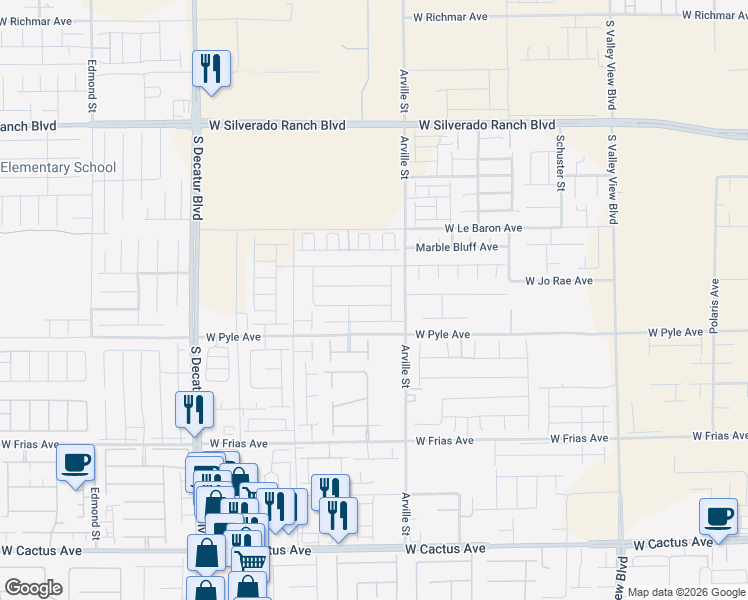 map of restaurants, bars, coffee shops, grocery stores, and more near 4365-4899 West Le Baron Avenue in Enterprise