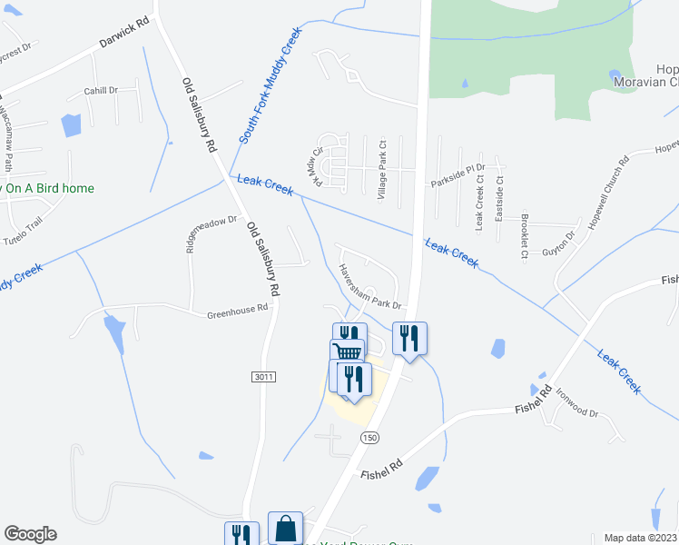 map of restaurants, bars, coffee shops, grocery stores, and more near 1664 Haversham Park Drive in Winston-Salem