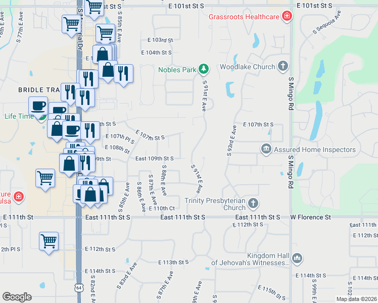 map of restaurants, bars, coffee shops, grocery stores, and more near 10902 South 91st East AVE in Tulsa