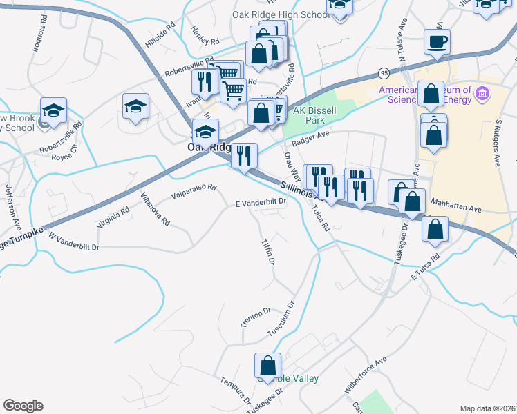 map of restaurants, bars, coffee shops, grocery stores, and more near 48 Valley Forge Drive in Oak Ridge