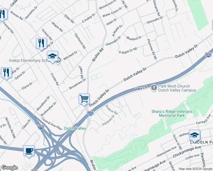 map of restaurants, bars, coffee shops, grocery stores, and more near 4150 Whistlers Way in Knoxville