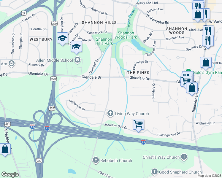 map of restaurants, bars, coffee shops, grocery stores, and more near 4409 Rehobeth Church Road in Greensboro