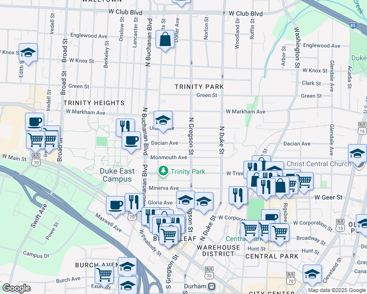 map of restaurants, bars, coffee shops, grocery stores, and more near 1007 Dacian Ave in Durham