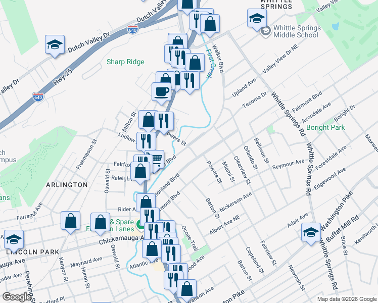 map of restaurants, bars, coffee shops, grocery stores, and more near 4048 Walker Boulevard in Knoxville