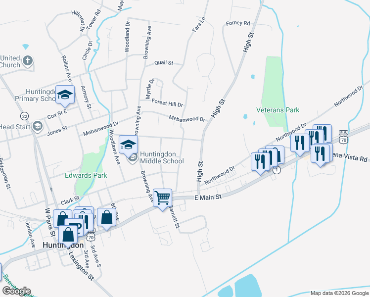 map of restaurants, bars, coffee shops, grocery stores, and more near 218 Spring Street in Huntingdon