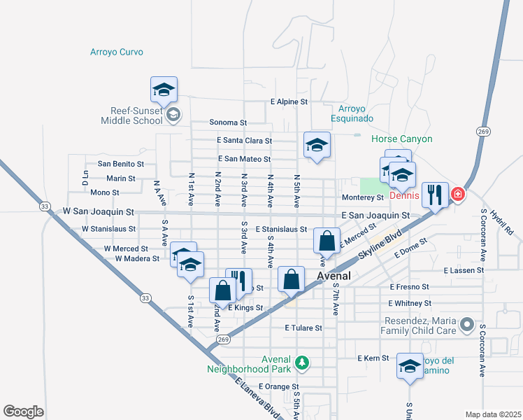 map of restaurants, bars, coffee shops, grocery stores, and more near 321 East San Joaquin Street in Avenal